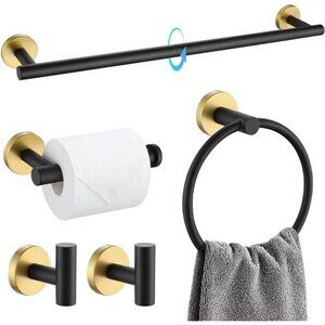 Black Gold Bathroom Accessory Set 5 Pieces Towel Bar Toilet Paper Holder Hooks